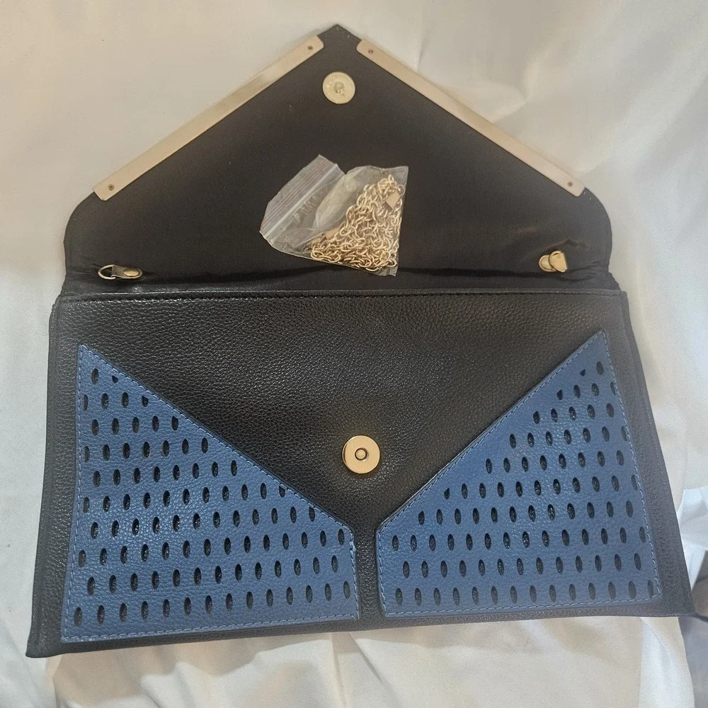 Blue Black Perforated FAUX leather Envelope Clutch